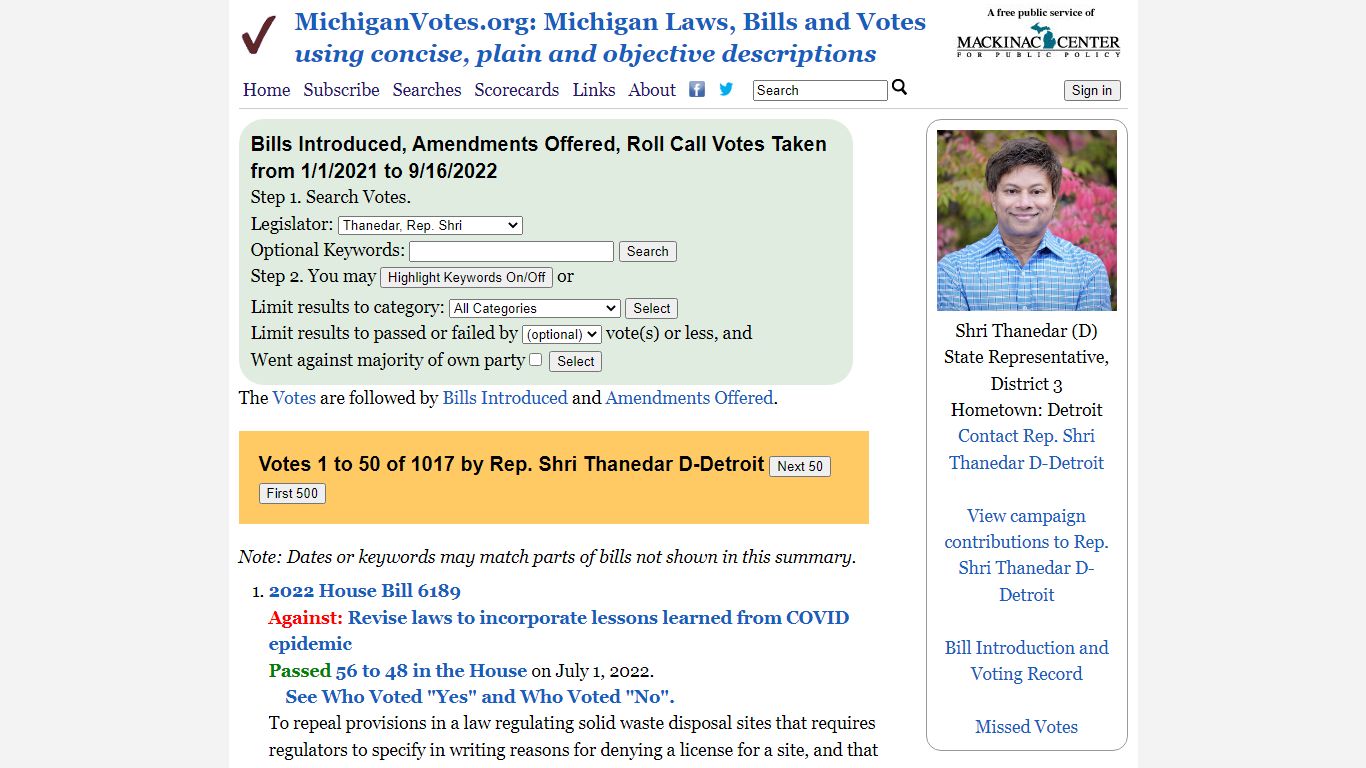 Search Voting Record - Michigan Votes